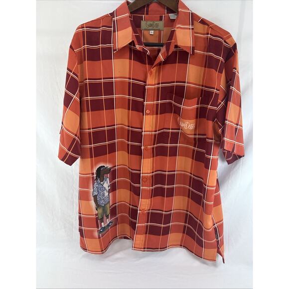 Snoop Dogg Clothing Company Button Down Street Shirt Men's L Orange Plaid - Picture 2 of 8